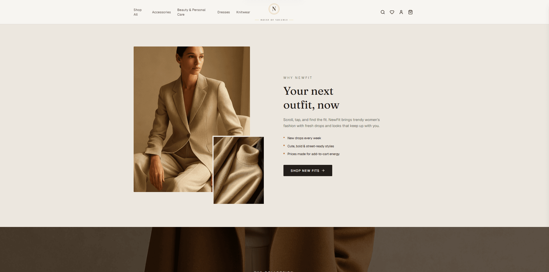 House of Noluhle storefront showing the editorial hero with campaign photography, category navigation across dresses, knitwear, accessories and beauty, and the shop-new-fits call to action — built by Bila Automation