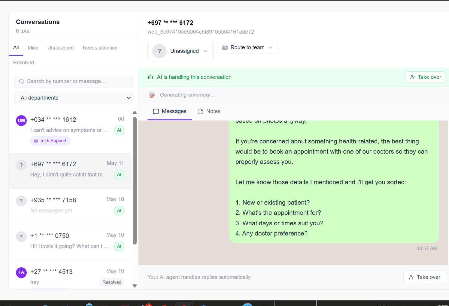 Replai handling live WhatsApp conversations — routing messages, answering queries, and escalating when needed — built by Bila Automation