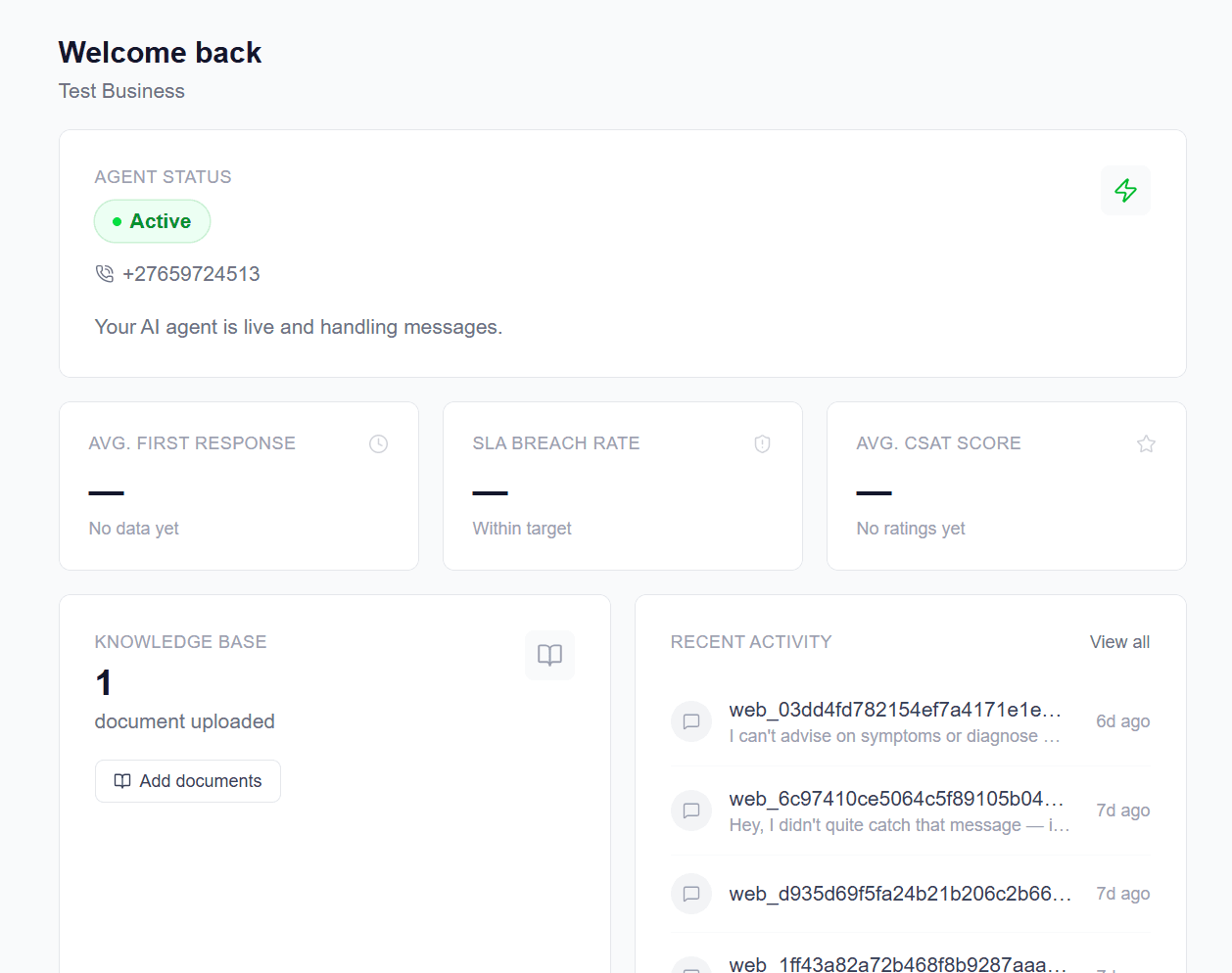 Replai AI agent dashboard showing live agent status, first-response metrics, and real-time conversation activity — built by Bila Automation
